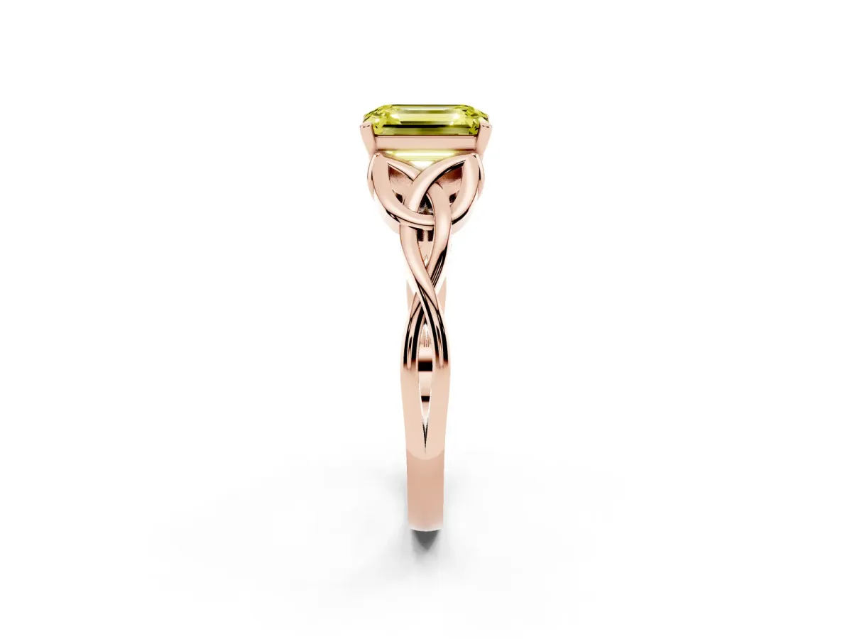 Fancy Yellow Emerald Cut Diamond Solitaire Engagement Ring with Celtic Knot Band and Four-Prong Setting Rose gold