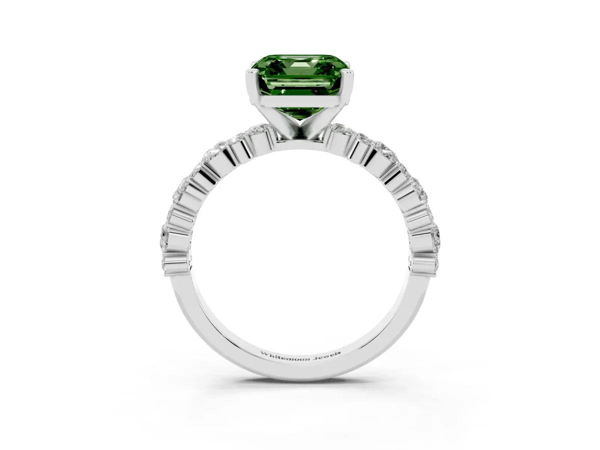 Fancy Green Asscher Cut Diamond Side Stone Solitaire Ring with Round and Four-Prong Setting Platinum