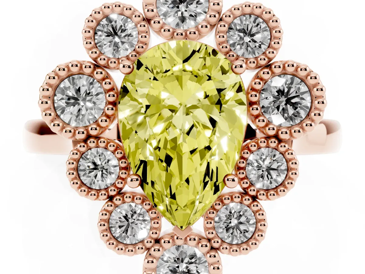 Fancy Yellow Pear Cut Halo Diamond Cluster Engagement Ring with Milgrain Bezel Setting and Solitaire Band Rose gold