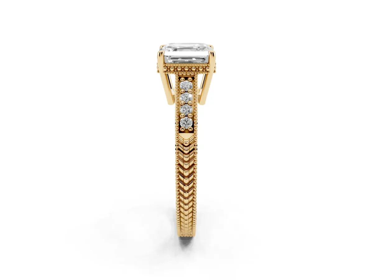 Asscher Cut Solitaire Pavé Diamond Milgrain Engagement Ring with Four-Prong Setting Yellow gold