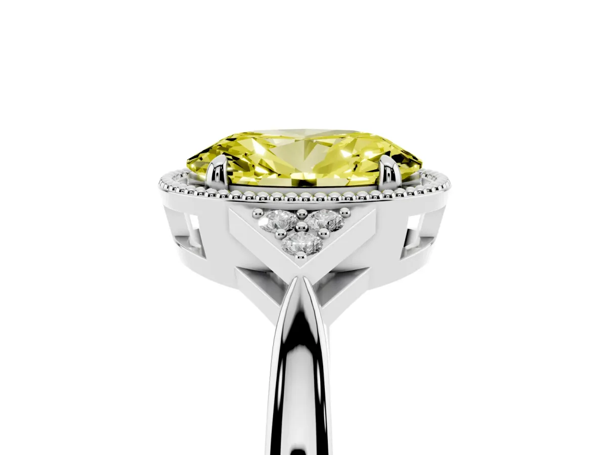 Fancy Yellow Hexagonal Halo Oval Cut Diamond Solitaire with Pavé Band and Four-Prong Setting Silver