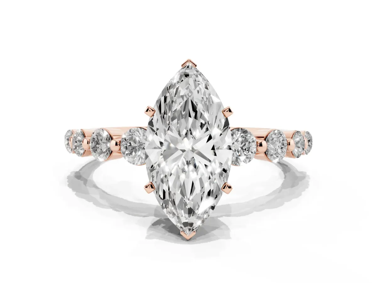 Marquise Cut Solitaire Diamond Ring with Pave Band and Four-Prong Setting Rose gold