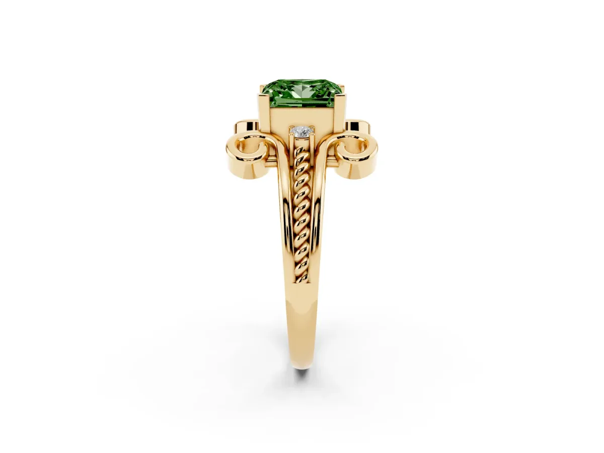 Fancy Green Princess Cut Solitaire Twisted Band Scroll Prong Ring Yellow gold