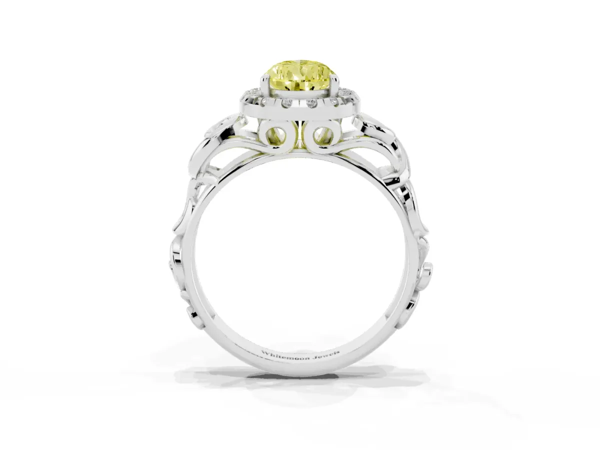 Fancy Yellow Pear Cut Cut Halo Diamond Ring with Scrollwork Band and Four-Prong Setting Silver