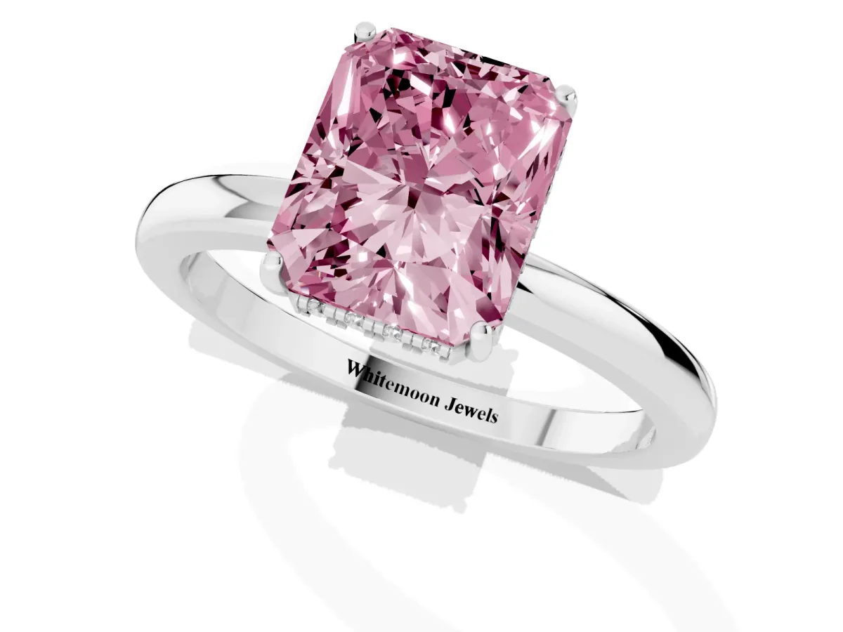 Fancy Pink Radiant Cut Solitaire Diamond Ring with Prong Setting and Plain Band Platinum