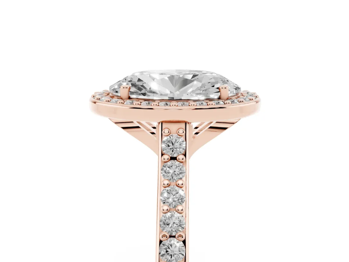 Oval Cut Diamond Halo Engagement Ring with Round Pavé Shoulders and Prong Setting Rose gold