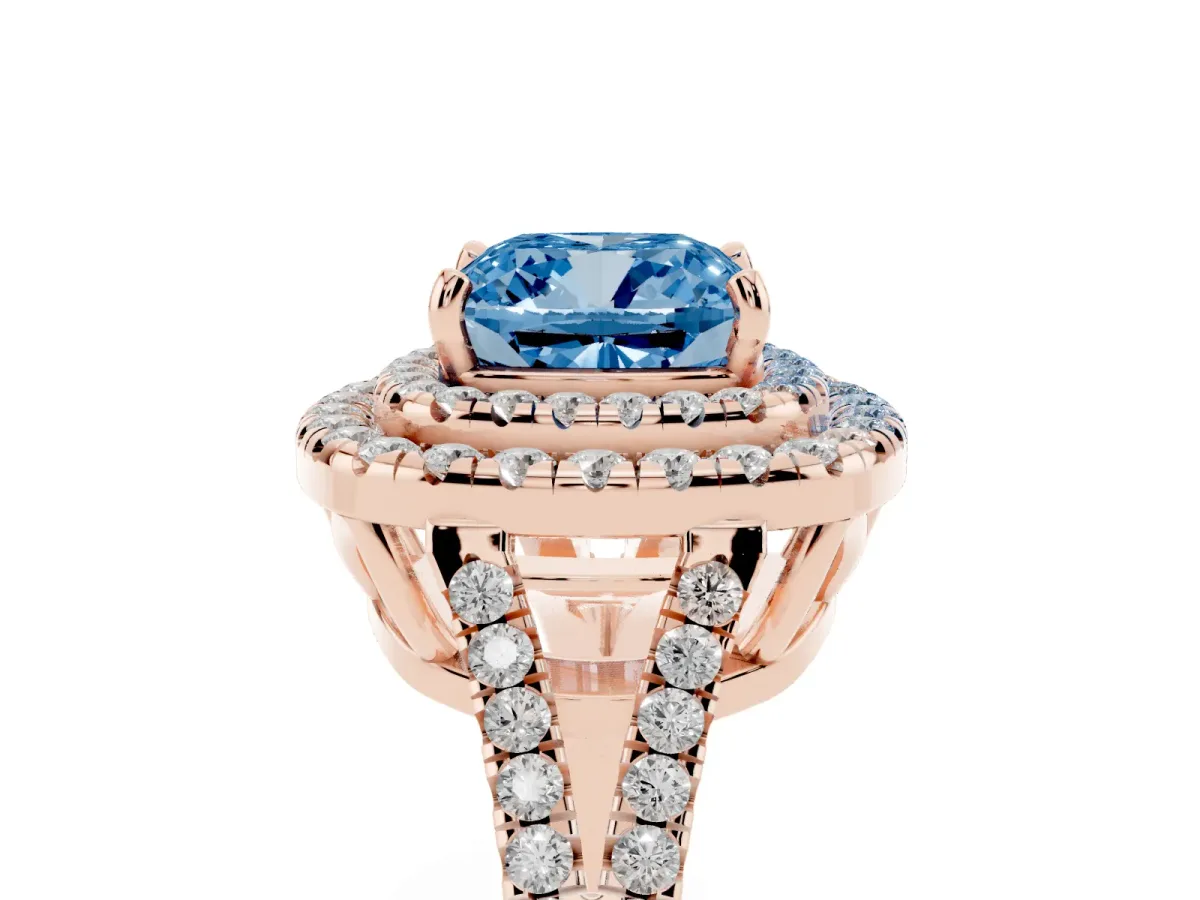 Fancy Blue Cushion Cut Diamond Double Halo Ring with Pavé Band and Prong Setting Rose gold