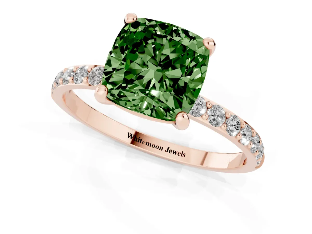 Fancy Green Cushion Cut Diamond Solitaire Ring with Round Pavé Band and Prong Setting Rose gold
