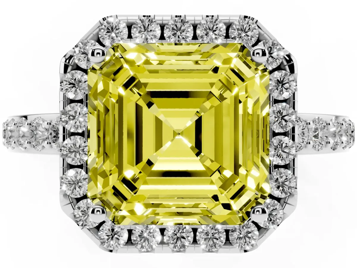 Fancy Yellow Asscher Cut Halo Diamond Pavé Band Ring with Prong Setting Silver