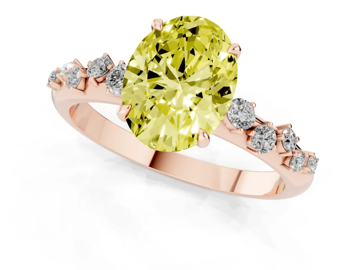 Fancy Yellow Oval Cut Diamond Cluster Prong-Set Solitaire Ring Rose gold
