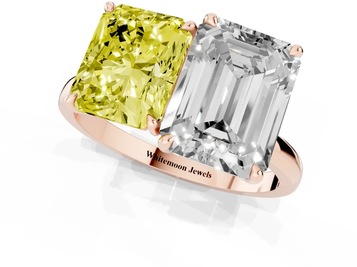 Fancy Yellow Radiant Cut and Emerald Cut Toi Moi Ring with Prong Setting Rose gold