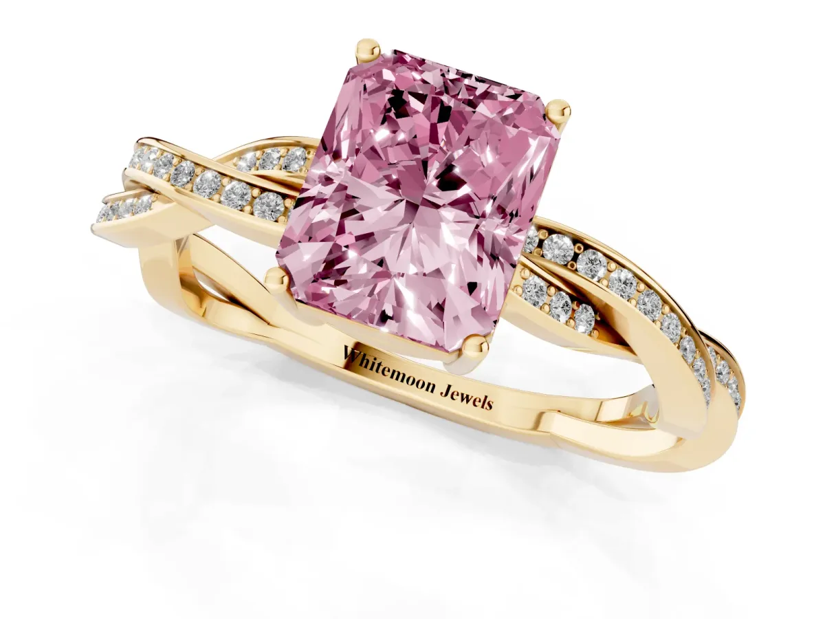 Fancy Pink Radiant Cut Solitaire Twisted Pave Diamond Ring with Four-Prong Setting Yellow gold