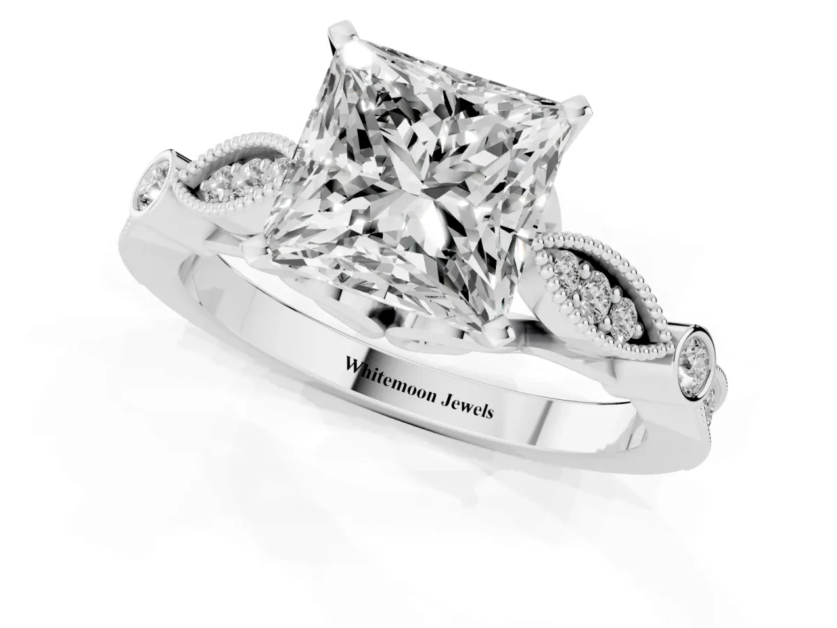 Princess Cut Cut Diamond with Milgrain Marquise and Bezel Accents on a Solitaire Band with Prong Setting Platinum