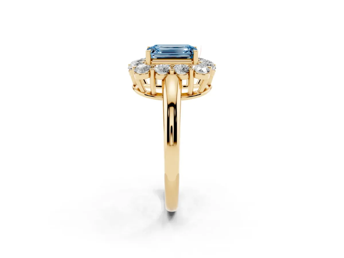 Fancy Blue Emerald Cut Halo Cluster Diamond Engagement Ring with Prong Setting and Polished Band Yellow gold