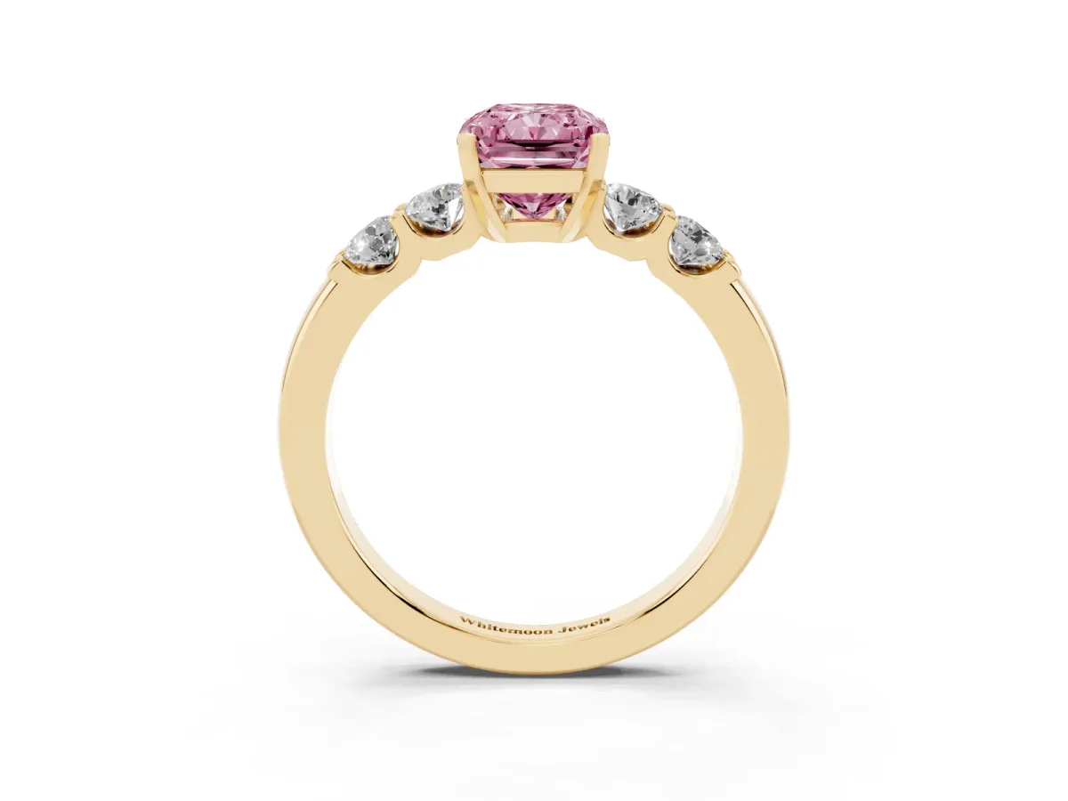 Fancy Pink Radiant Cut Brilliant Cut Diamond Five-Stone Prong Set Engagement Ring with Channel Band Yellow gold