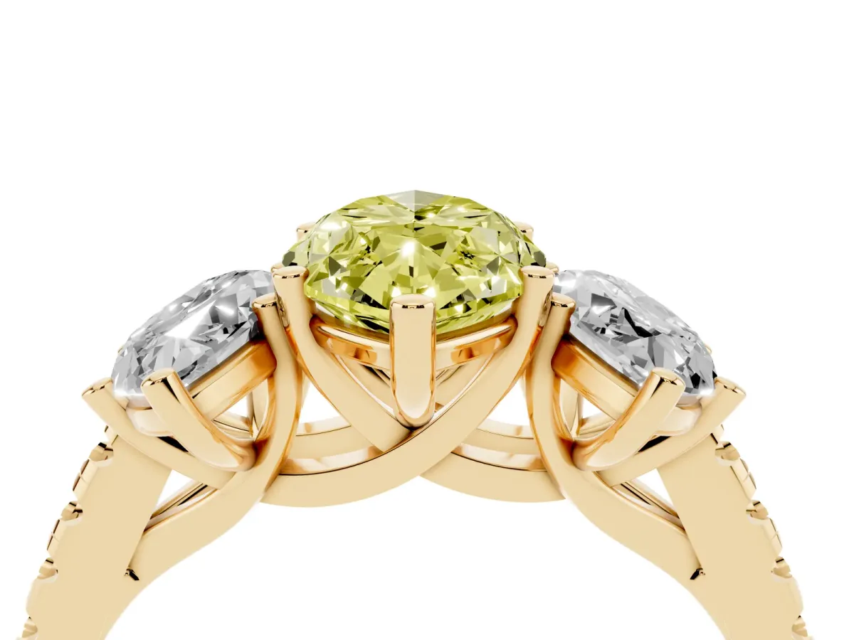 Fancy Yellow Three-Stone Marquise Cut Diamond Ring with Round Pavé Band and Prong Setting Yellow gold
