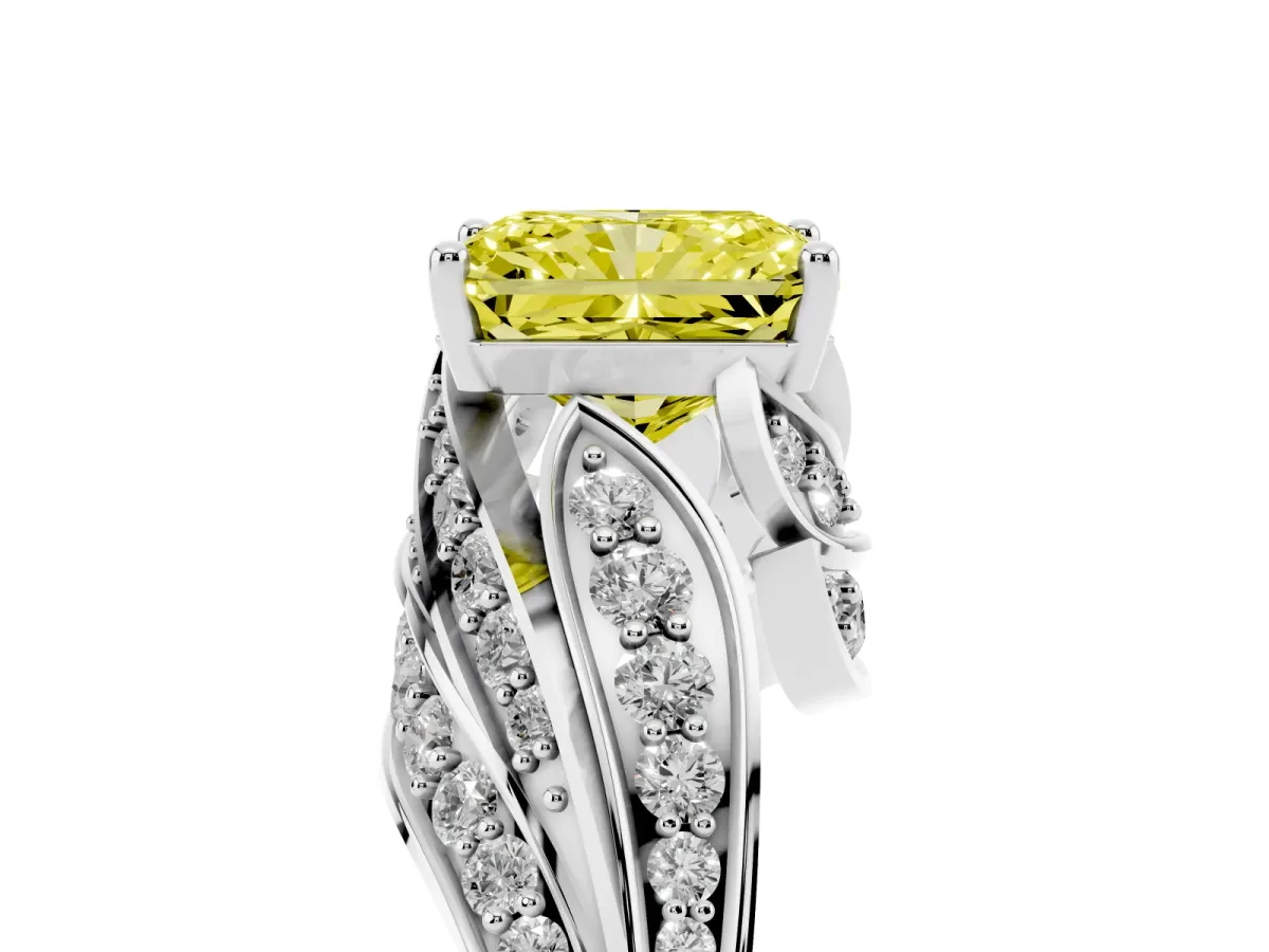 Fancy Yellow Radiant Cut Diamond Solitaire Ring with Prong Setting and Twisted Pavé Band White gold