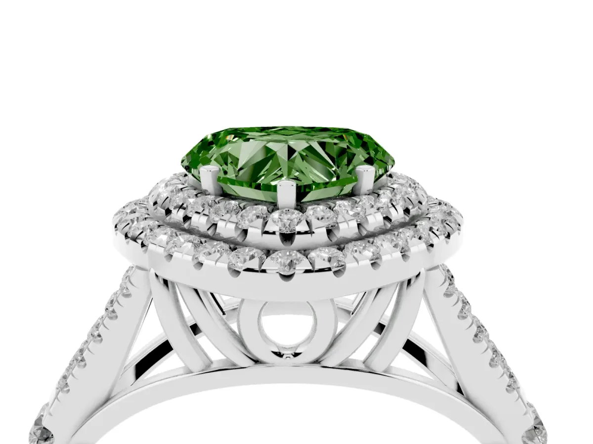 Fancy Green Heart Cut Cut Double Halo Split Shank Diamond Ring with Prong Setting Platinum