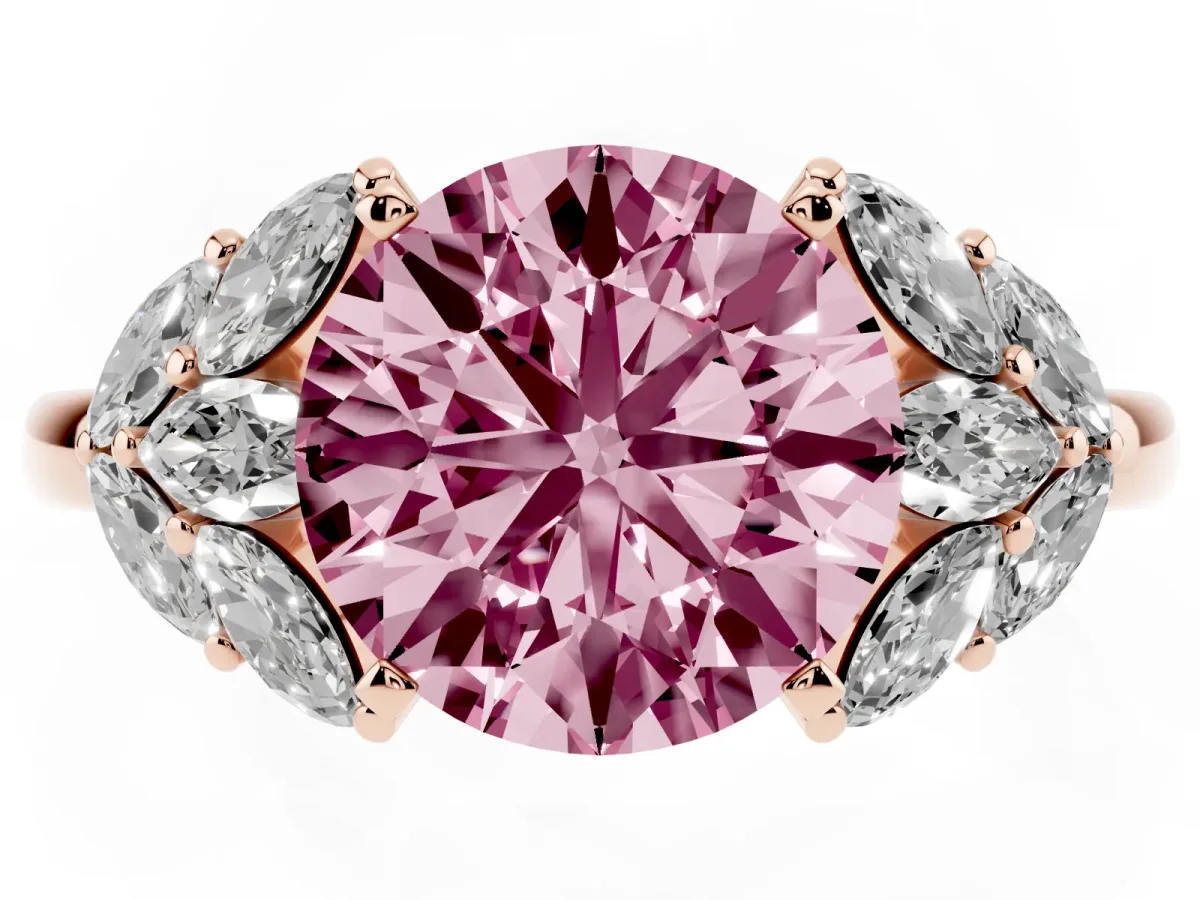 Fancy Pink Round Cut Diamond Cluster Leaf Design Ring with Prong Setting Rose gold