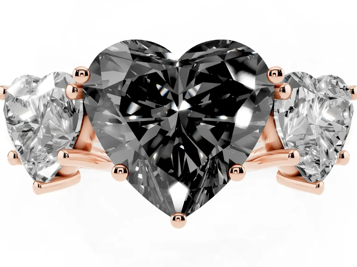 Fancy Black Three-Stone Heart Cut Diamond Engagement Ring with Prong Setting Rose gold