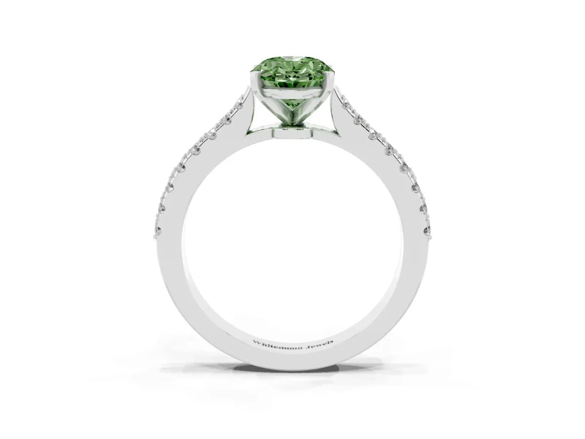 Fancy Green Oval Cut Cut Solitaire Diamond Engagement Ring with Pave Band and Four-Prong Setting Platinum