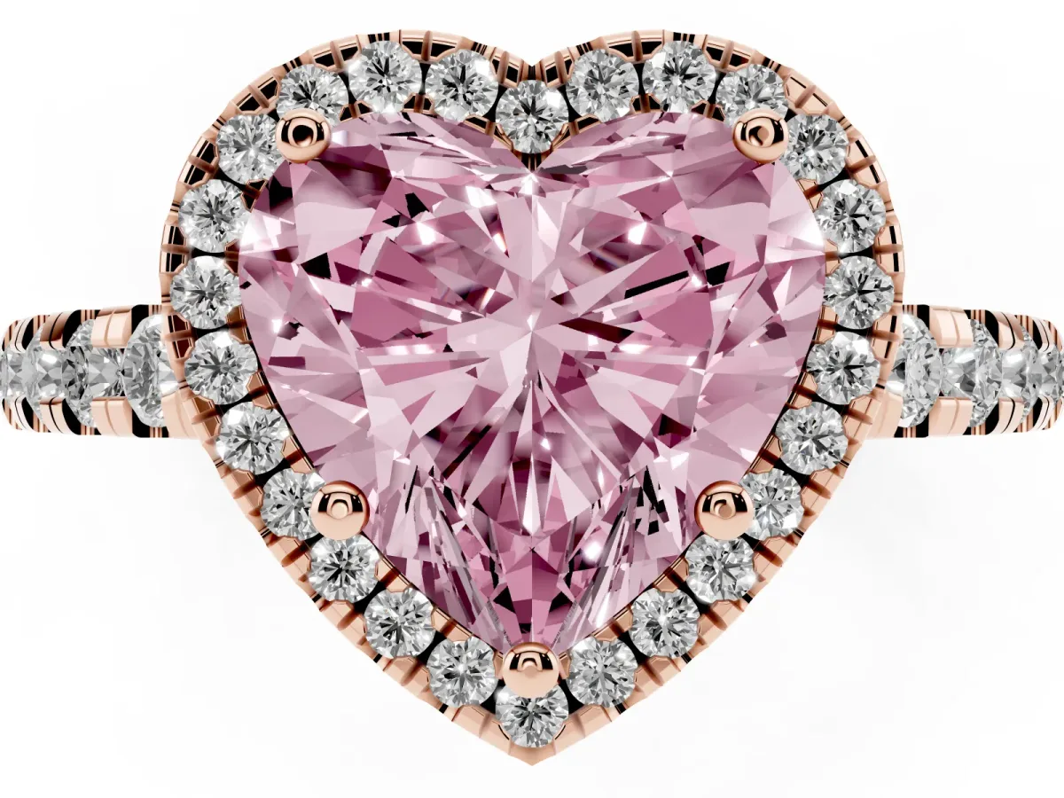 Fancy Pink Heart Cut Diamond Halo Ring with Pavé Band and Four-Prong Setting Rose gold
