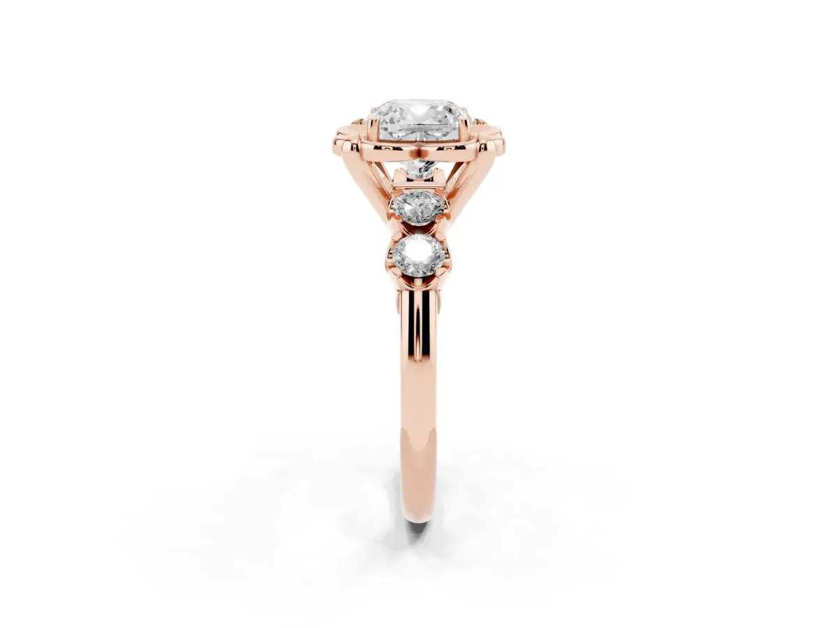 Cushion Cut Cut Diamond Floral Halo Engagement Ring with Shared Prong Setting Rose gold