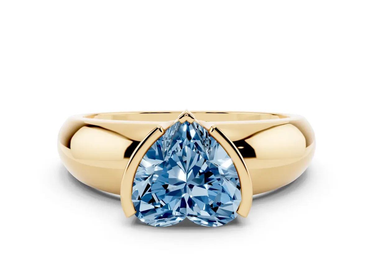 Fancy Blue Heart Cut Solitaire Tension Set Diamond Ring with Wide Band Yellow gold