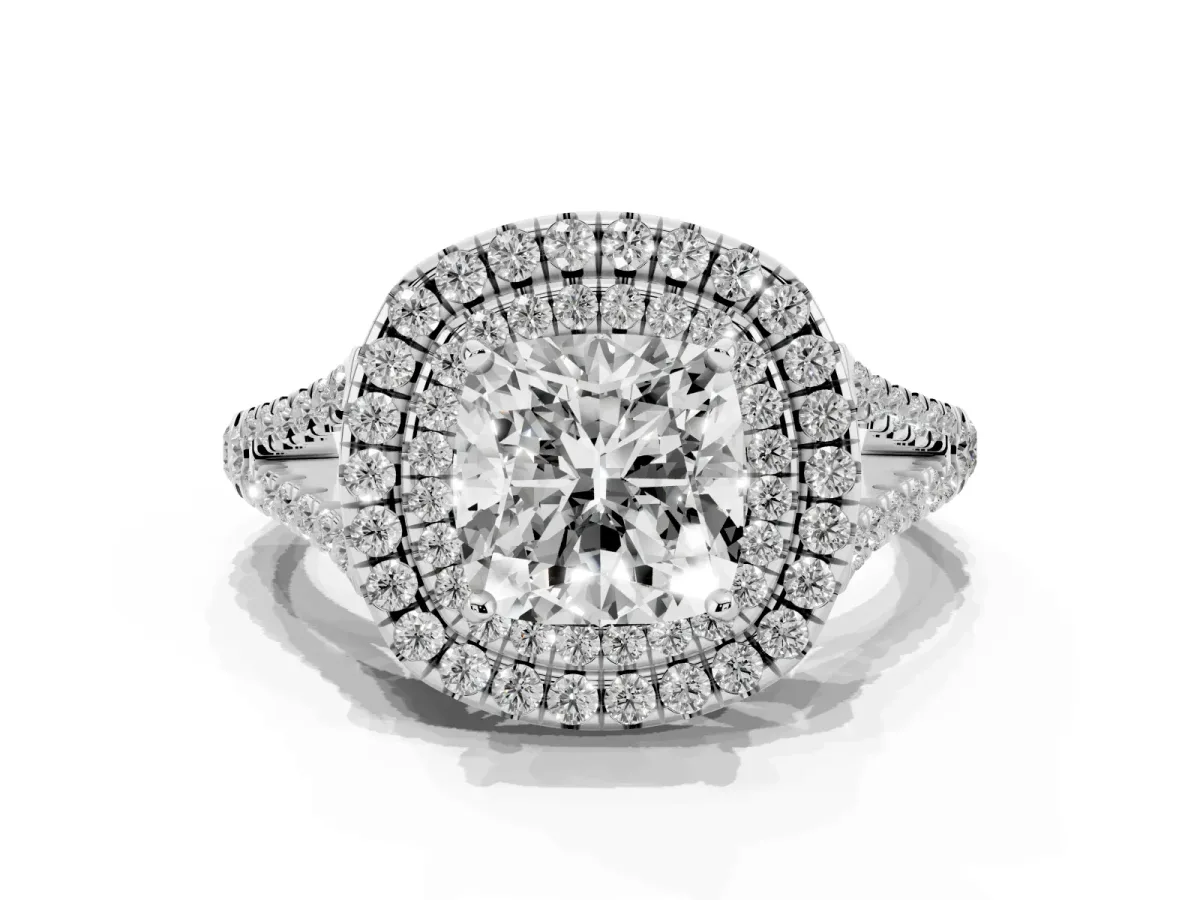 Cushion Cut Diamond Double Halo Ring with Pavé Band and Prong Setting Platinum