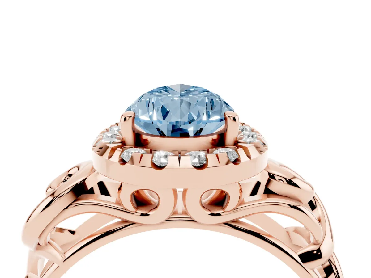 Fancy Blue Pear Cut Cut Halo Diamond Ring with Scrollwork Band and Four-Prong Setting Rose gold