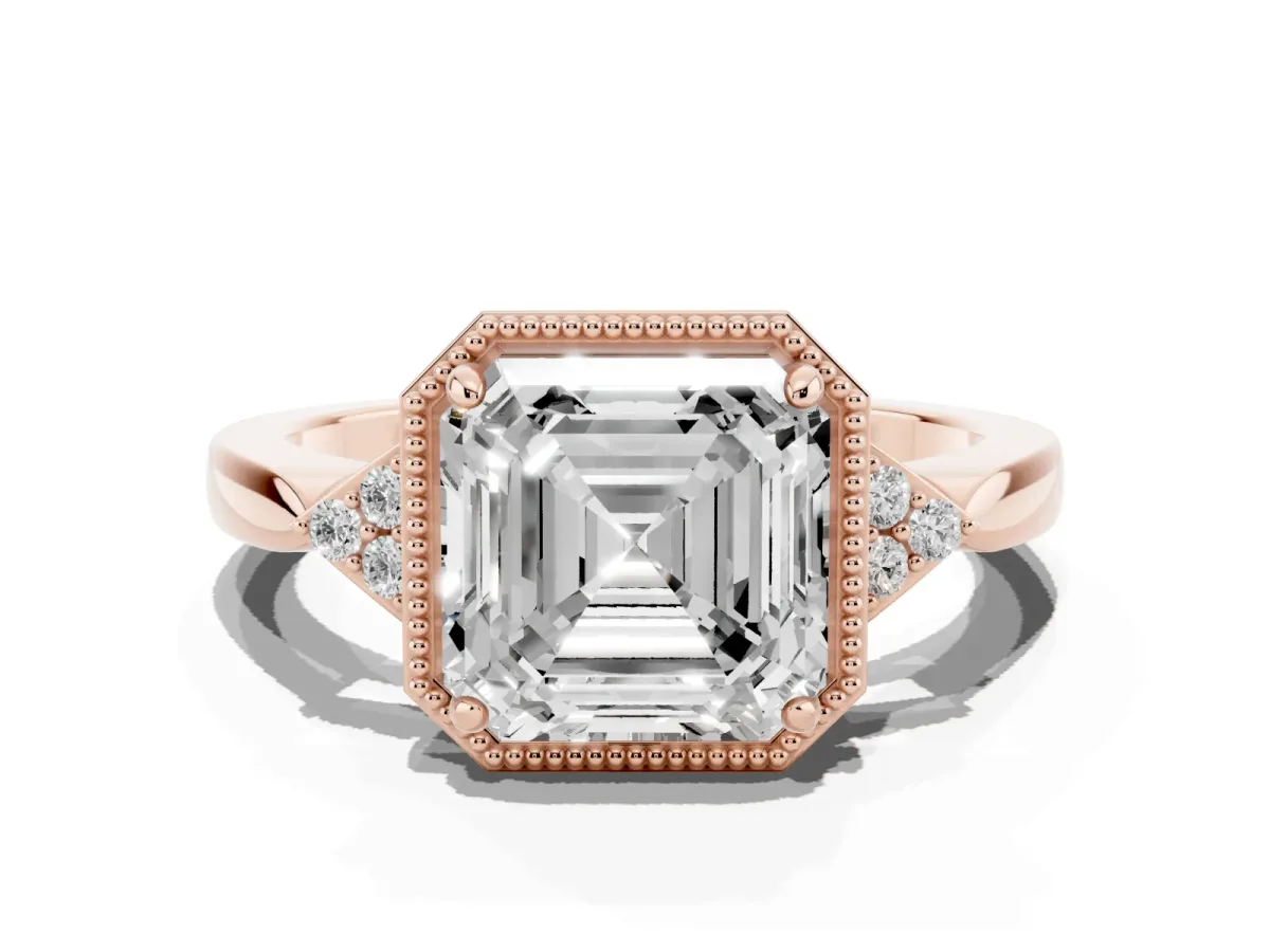 Asscher Cut Diamond Halo Ring with Tapered Band and Four-Prong Setting Rose gold