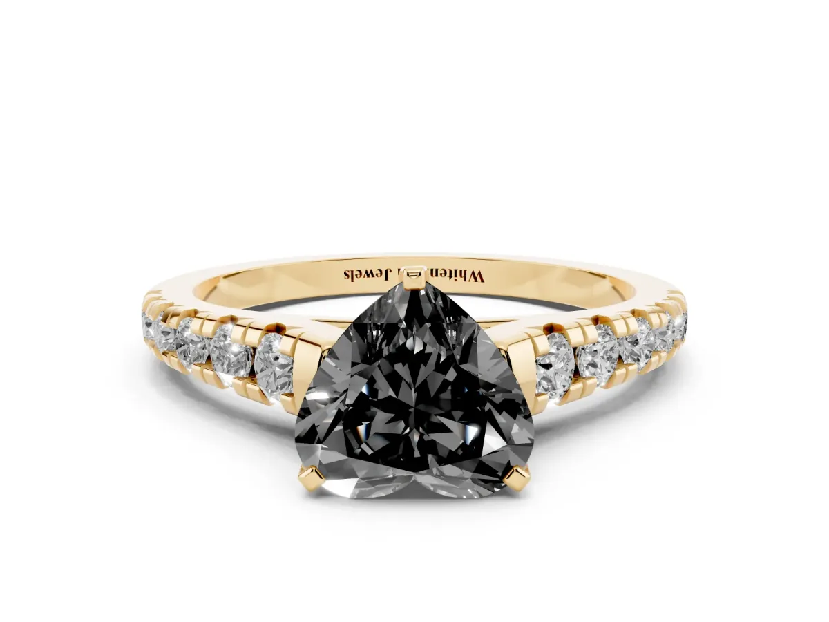 Fancy Black Heart Cut Diamond Cathedral Solitaire Ring with Round Pavé Band Yellow gold