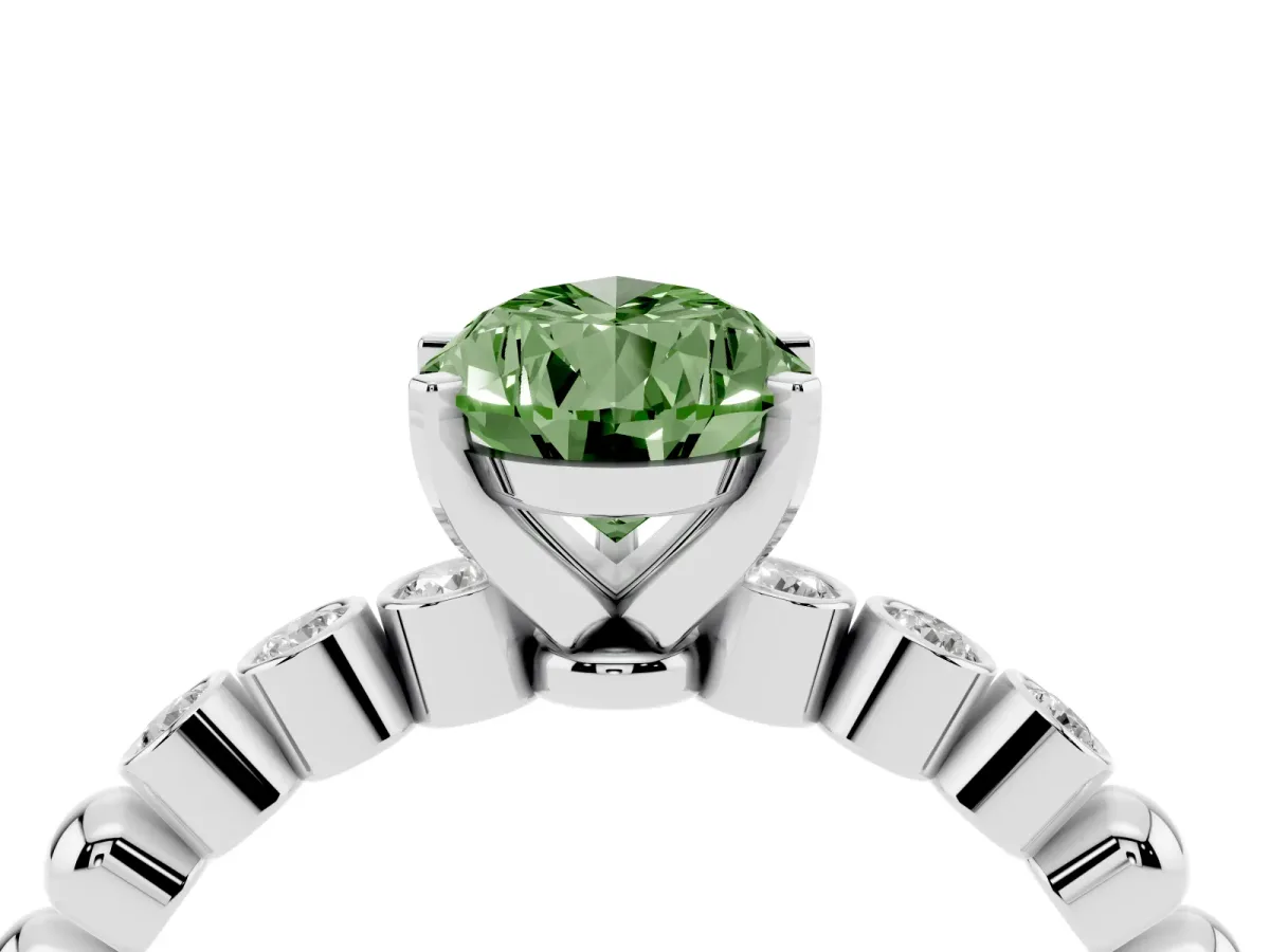 Fancy Green Pear Cut Solitaire Bezel Accent Diamond Engagement Ring with Beaded Band and Four-Prong Setting Platinum
