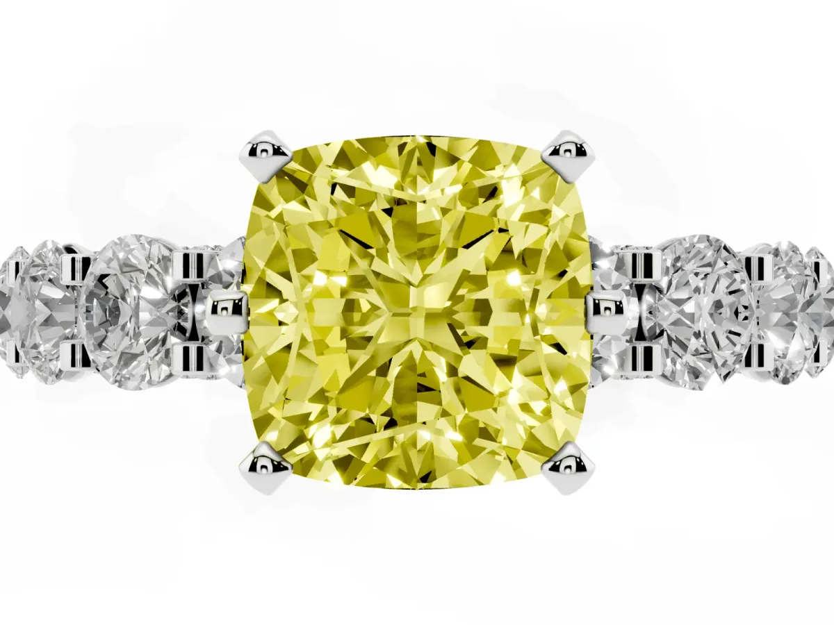 Fancy Yellow Cushion Cut Diamond Side Stone Engagement Ring with Four-Prong Setting White gold