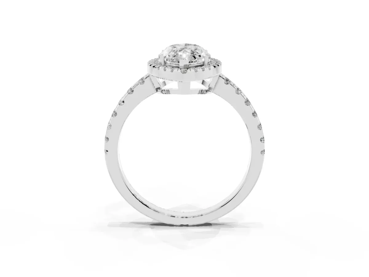 Marquise Cut Diamond Halo Ring with Pavé Band and Four-Prong Setting White gold