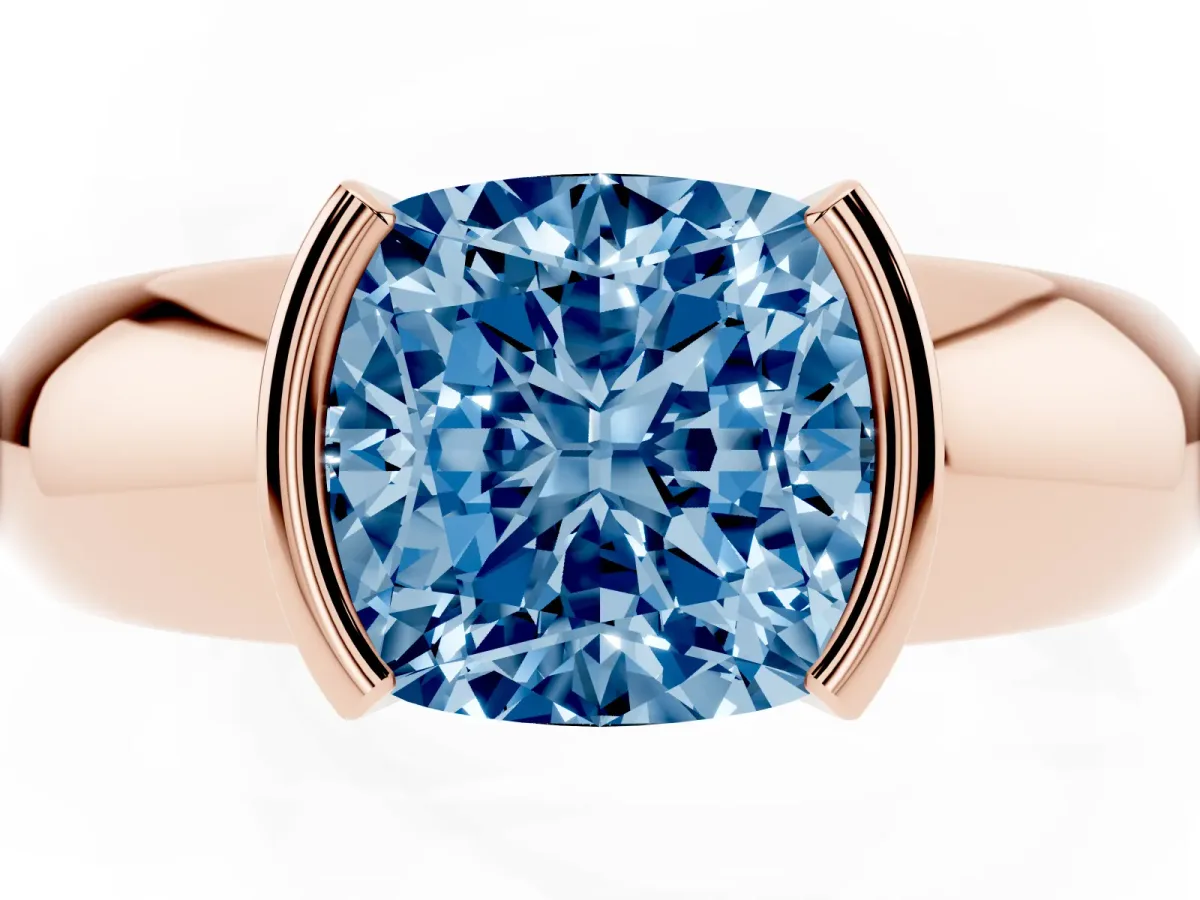 Fancy Blue Cushion Cut Solitaire Tension Set Diamond Ring with Wide Band Rose gold