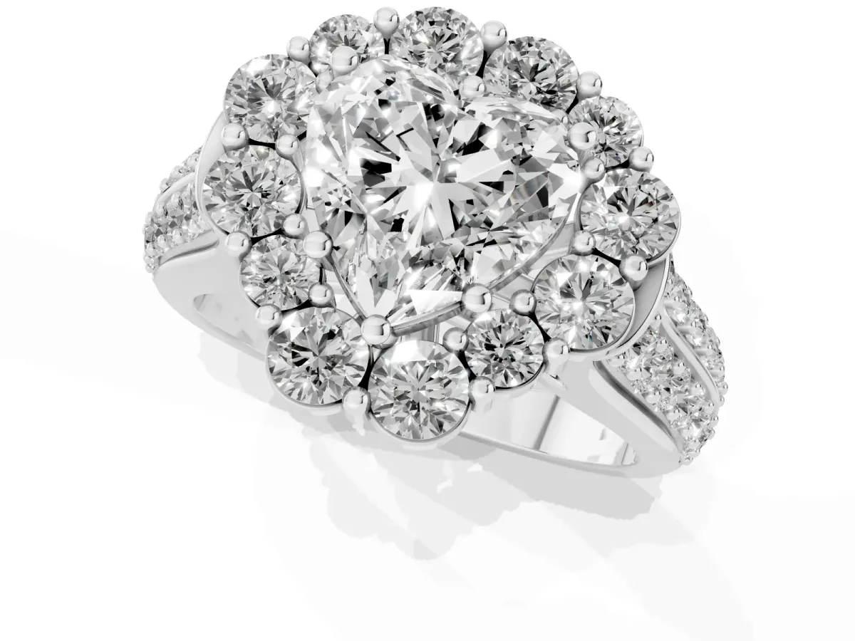Heart Cut Halo Diamond Engagement Ring with Split Shank and Prong Setting Silver
