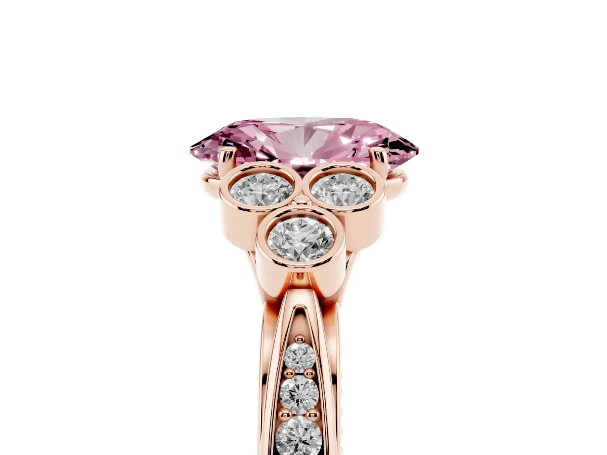 Fancy Pink Oval Cut Cut Diamond Engagement Ring with Bezel Set Round Side Stones and Prong Setting Rose gold