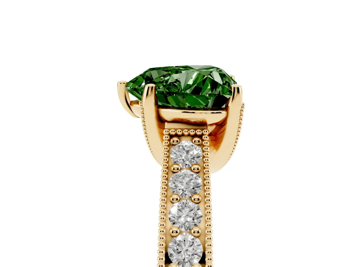 Fancy Green Heart Cut Cut Diamond Solitaire Ring with Milgrain Pave Band and Four Prong Setting Yellow gold
