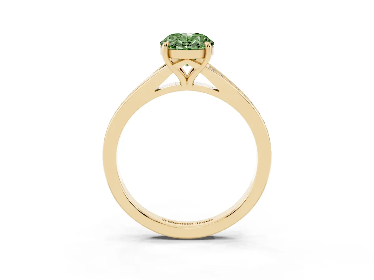 Fancy Green Oval Cut Diamond Solitaire Ring with Pavé Band and Prong Setting Yellow gold