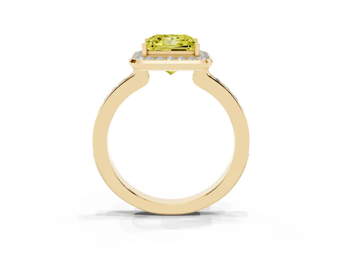 Fancy Yellow Princess Cut Diamond Halo Ring with Bezel Frame and Pavé Band Yellow gold