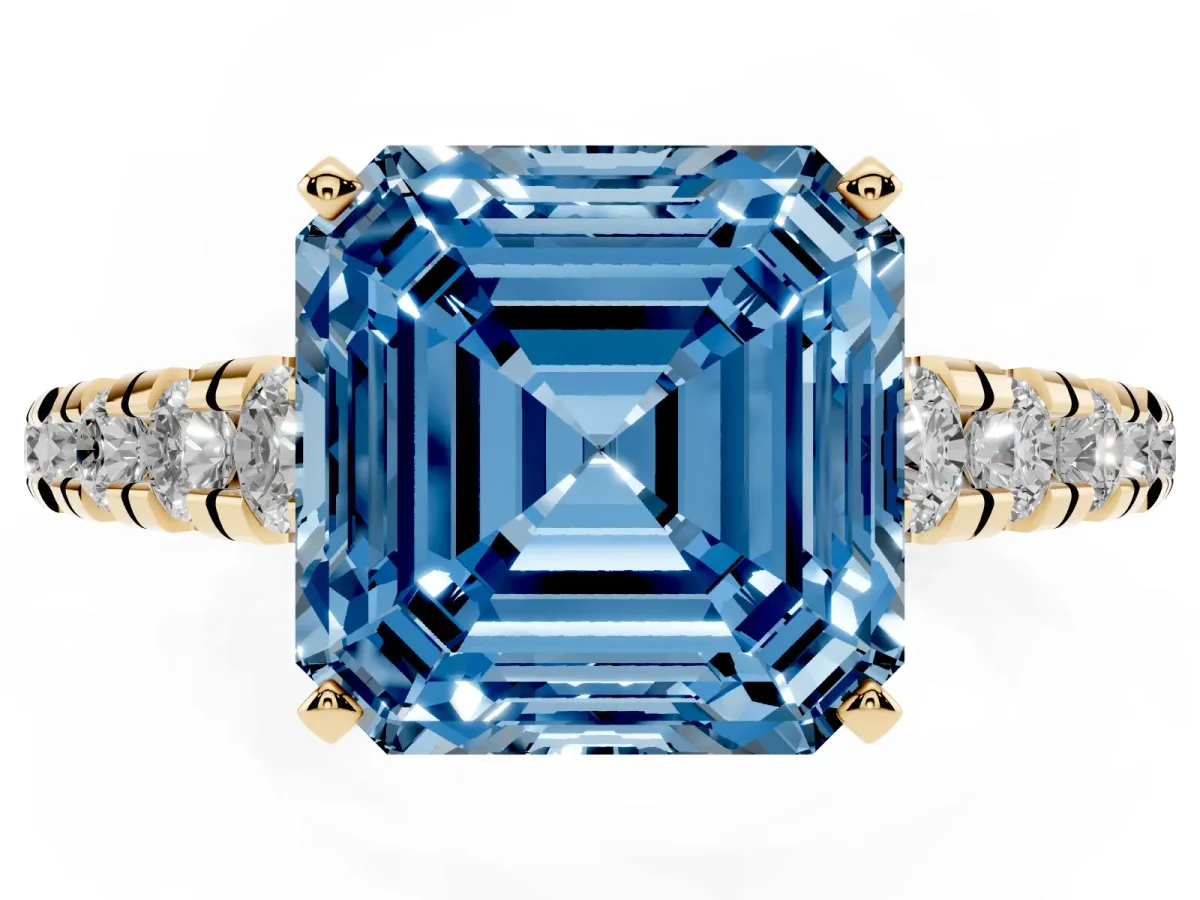 Fancy Blue Asscher Cut Diamond Cathedral Solitaire Ring with Round Pavé Band Yellow gold