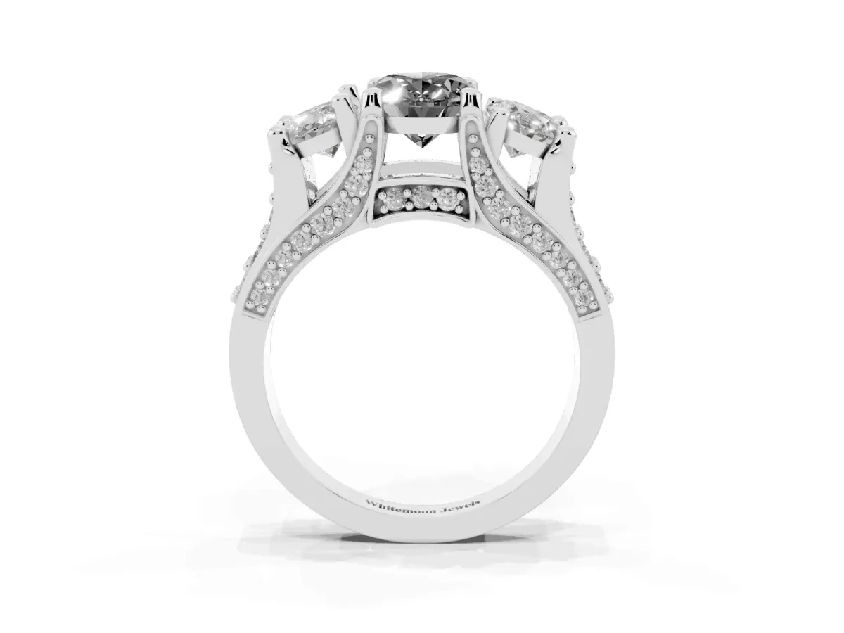 Fancy Black Oval Cut Diamond Three-Stone Ring with Channel Set Band and Four-Prong Setting Silver