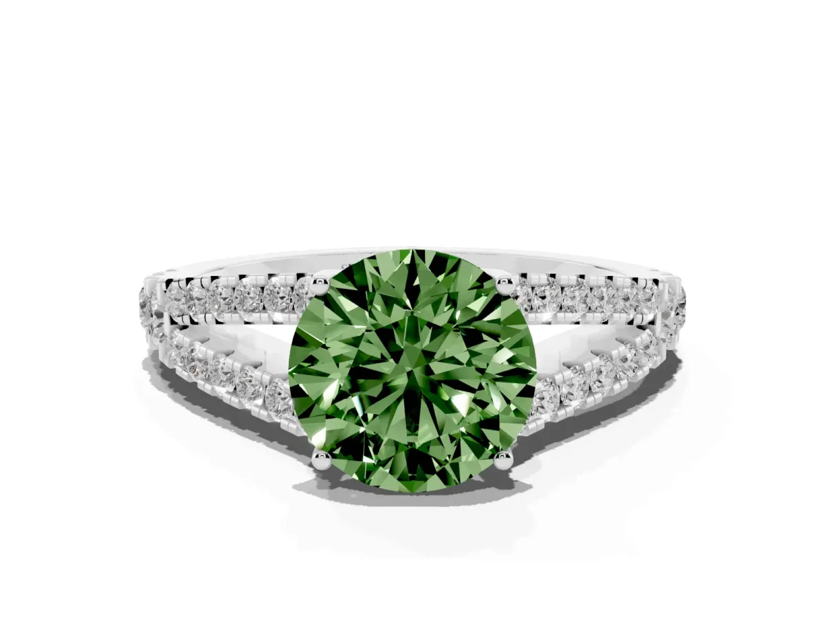 Fancy Green Round Cut Diamond Split Shank Pavé Engagement Ring with Four-Prong Setting Platinum