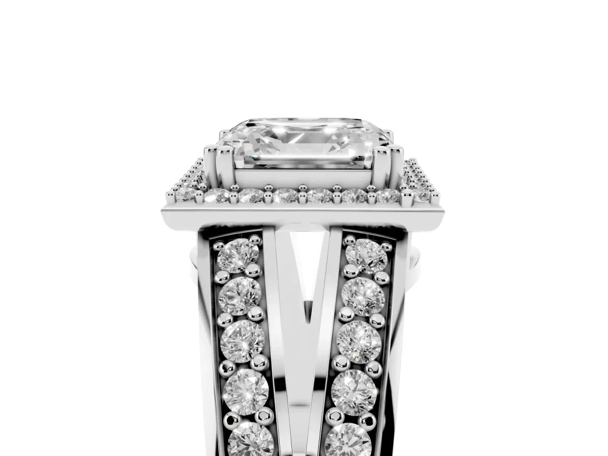 Asscher Cut Diamond Halo Ring with Split Shank Pavé Band and Four-Prong Setting White gold