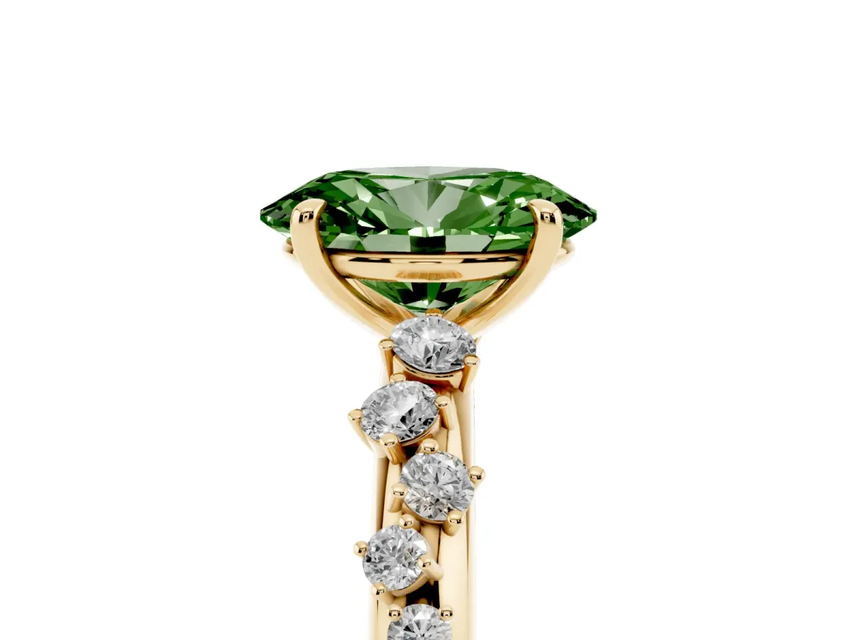 Fancy Green Oval Cut Diamond Cluster Prong-Set Solitaire Ring Yellow gold