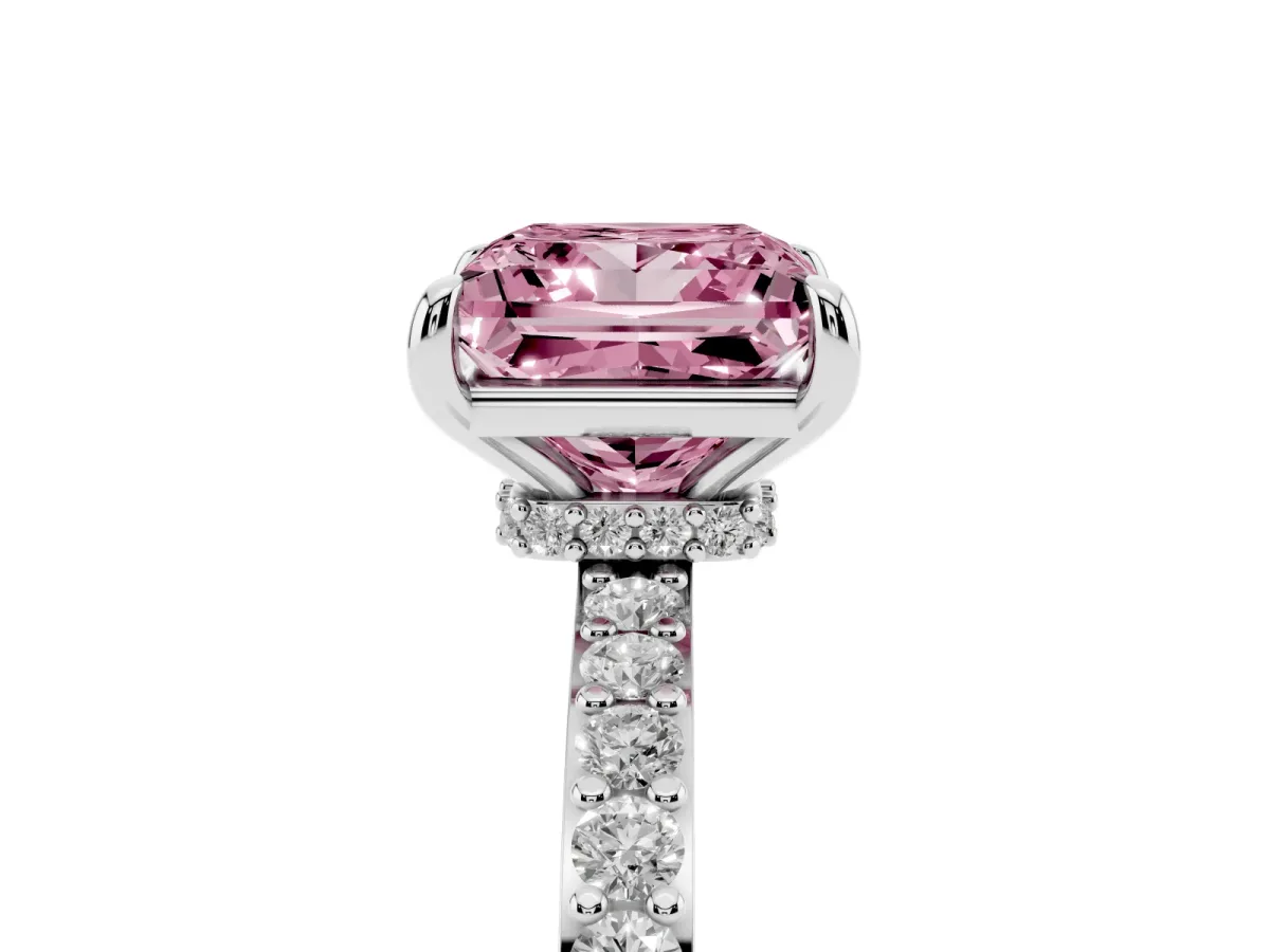 Fancy Pink Princess Cut Diamond Pavé Engagement Ring with Round Accents and Prong Setting Platinum