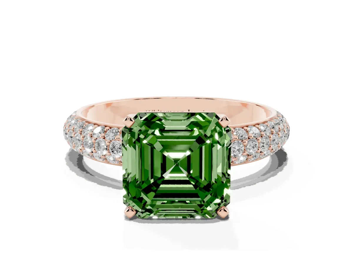 Fancy Green Asscher Cut Diamond Solitaire Ring with Prong Setting and Pavé Band Rose gold