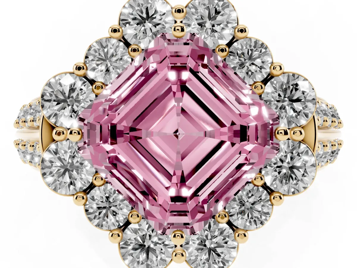 Fancy Pink Asscher Cut Halo Diamond Engagement Ring with Split Shank and Prong Setting Yellow gold