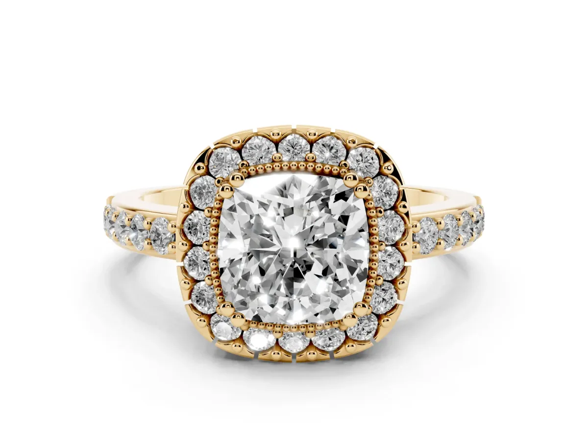 Cushion Cut Diamond Halo Ring with Pavé Band and Prong Setting Yellow gold